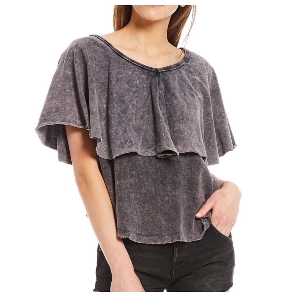 Free People Girl Talk Ruffle Layered Charcoal Grey Linen Blend Top Small